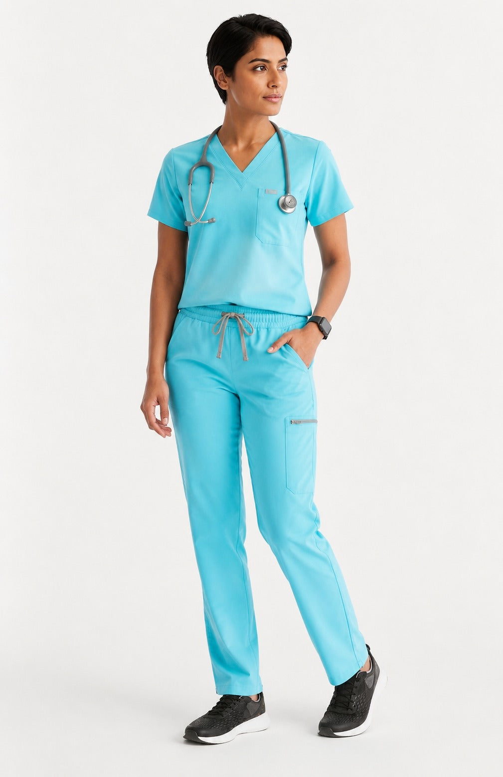 Women Util Tech 5 Pocket Aqua Blue Scrubs