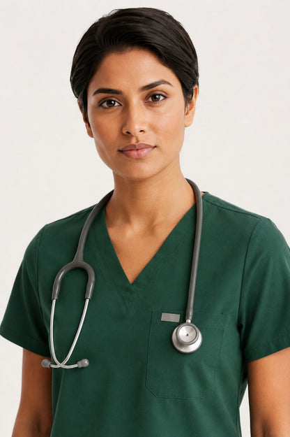 Women Eco Aware Performance Dark Green Scrubs {11 Pocket}
